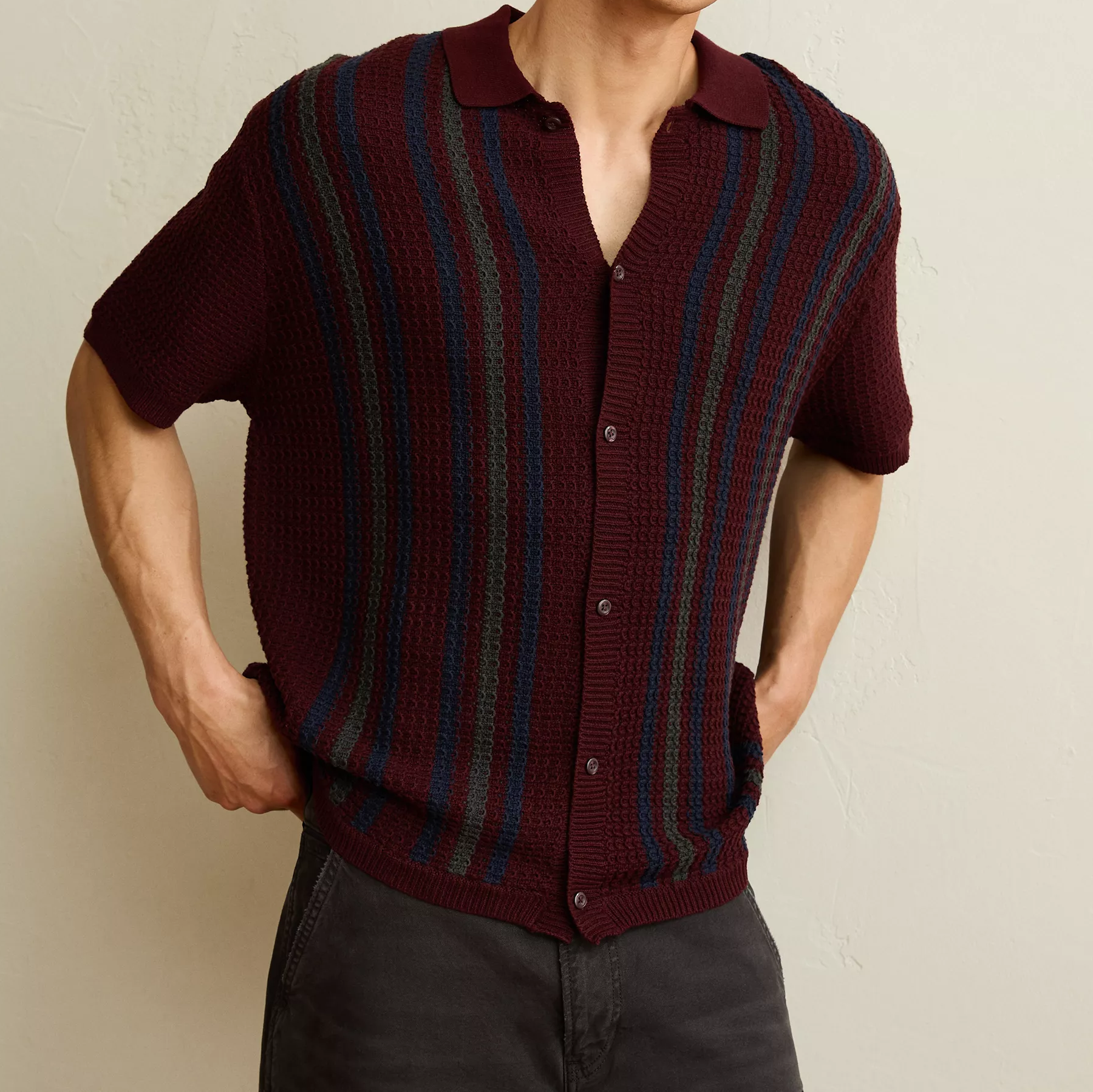 Relaxed Fit Striped Full‑Button Short Sleeve Knit Sweater