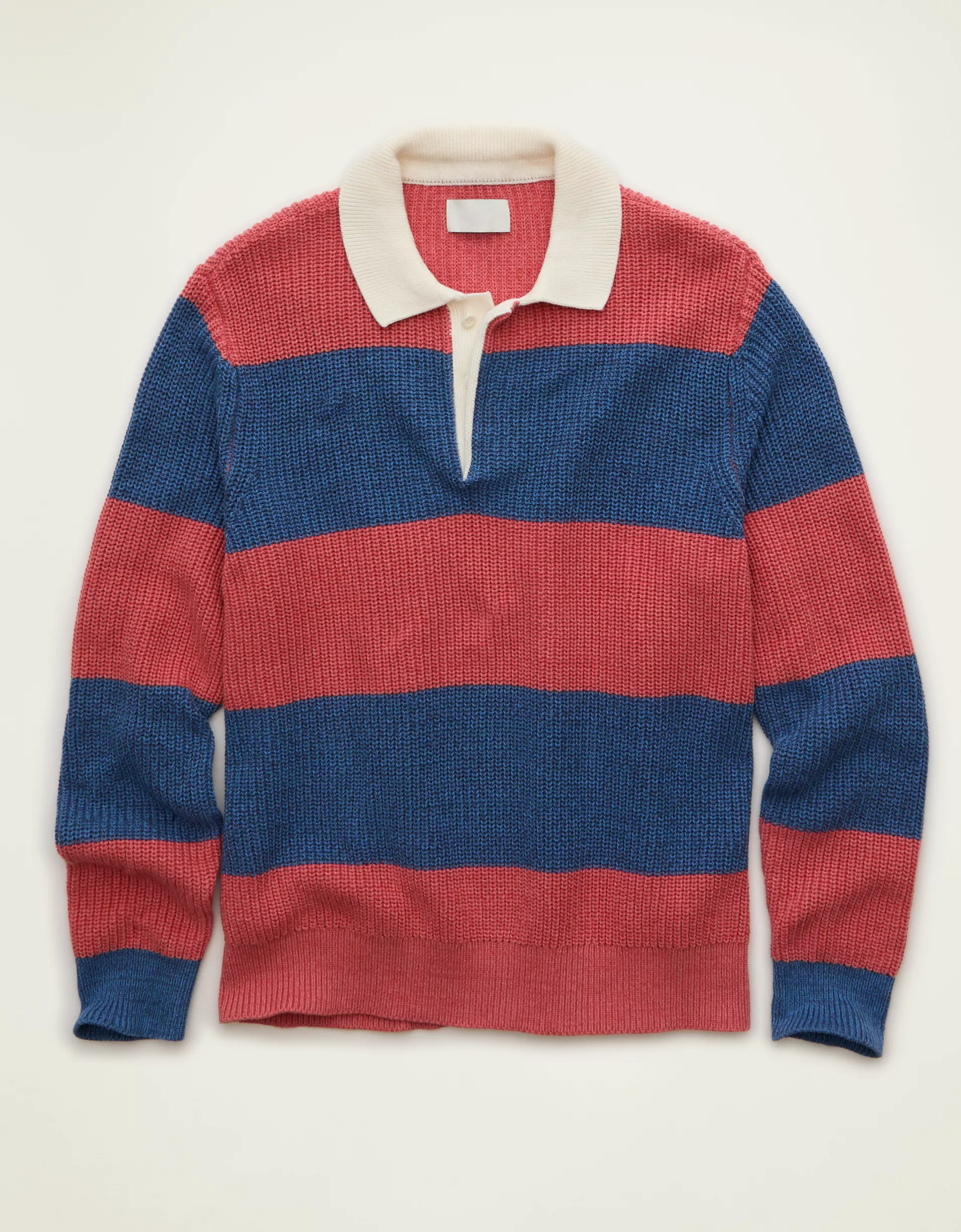 Standard Fit Block‑Stripe Shaker‑Stitch Long Sleeve Rugby Sweater