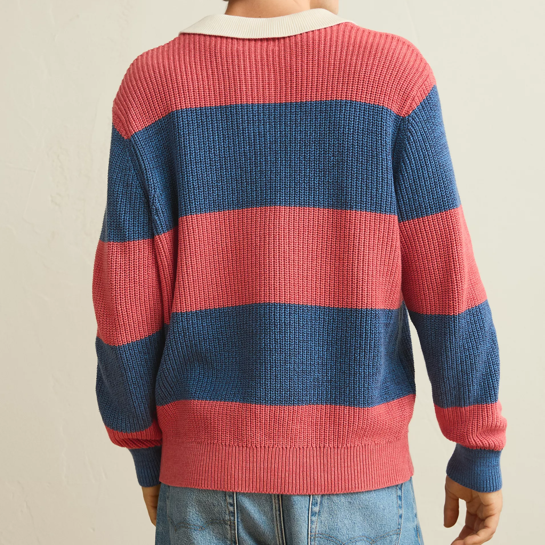 Standard Fit Block‑Stripe Shaker‑Stitch Long Sleeve Rugby Sweater