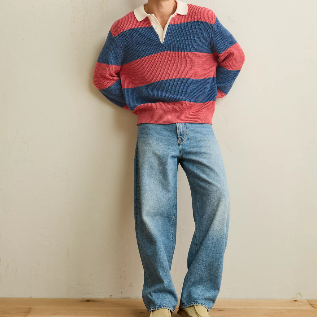 Standard Fit Block‑Stripe Shaker‑Stitch Long Sleeve Rugby Sweater