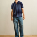 Standard Fit Garment‑Washed Striped Pique Mens Short Sleeve Polo Shirt