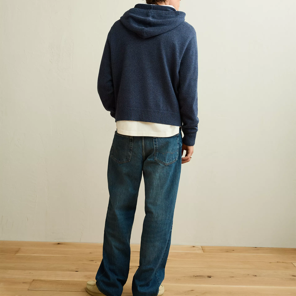 Standard Fit Textured Knit Drawstring Hooded Mens Sweater Hoodie